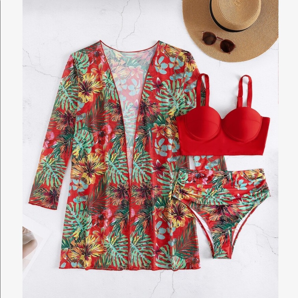 3 Piece Tropical Floral Print Push Up High Waisted Bikini Swimsuit Kimono GREEN - Picture 9 of 13